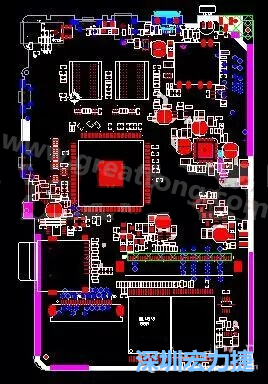 上圖是一個開發板的PCB，從布局中可以看出各個接口電路分離很明確，SDRAM和DDR以及SD卡接口電路等走線不會造成相互的干擾。-深圳宏力捷