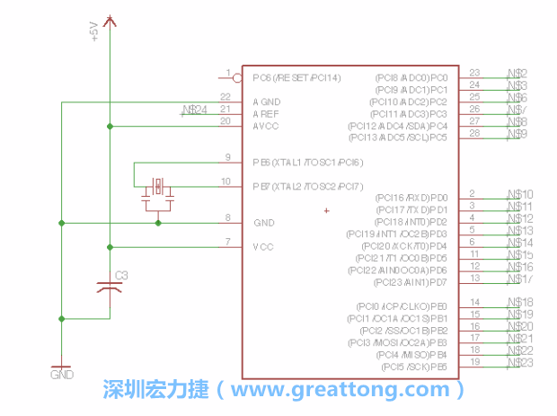 3.3.    將共鳴器（resonator）放置在針腳9和針腳10附近，將它的三個針腳連接如圖所示，并確認最中間的針腳有連到接地端。