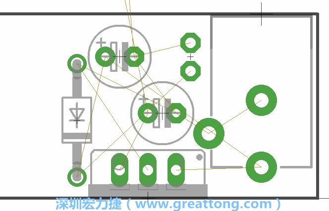 如同第一篇的步驟，我們將從電源迴路開始著手，移動(dòng)電源插座（Power Jack）、電壓調(diào)整器、二極體、兩個(gè)電容和輔助接頭JP1到如上圖所示的位置。