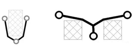 圖12：樹和(灰色顯示的)障礙物。(a)最小生成樹，(b)Steiner樹。