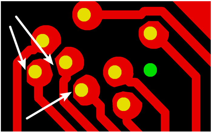 按源文件文件數(shù)據(jù)計算，孔邊緣到線邊緣6mil，孔環(huán)4mil，環(huán)到線只有2mil，保證環(huán)到線之間有3mil的安全間距需削1mil焊環(huán)，削后焊盤只有3mil
